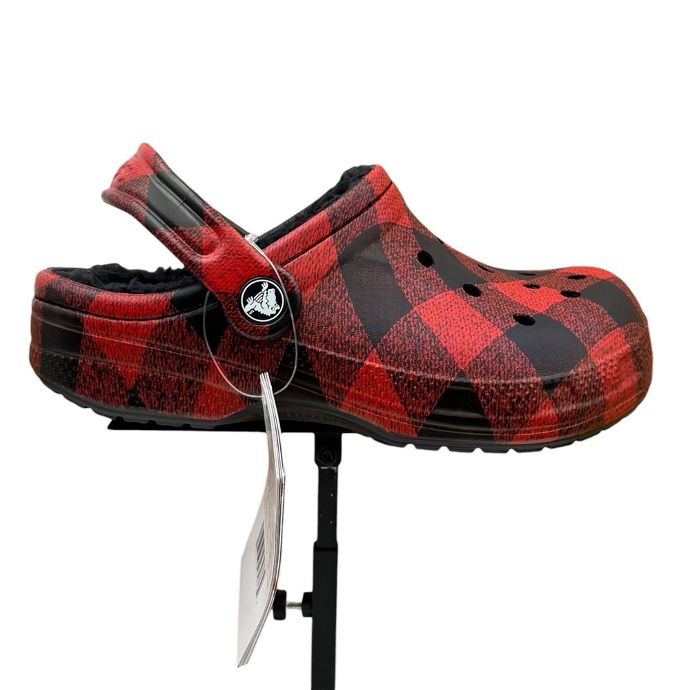 Crocs Youth Boys Girls Ralen Lined Clog 2 (J2) Red Fuzzy Slippers Buffalo Plaid